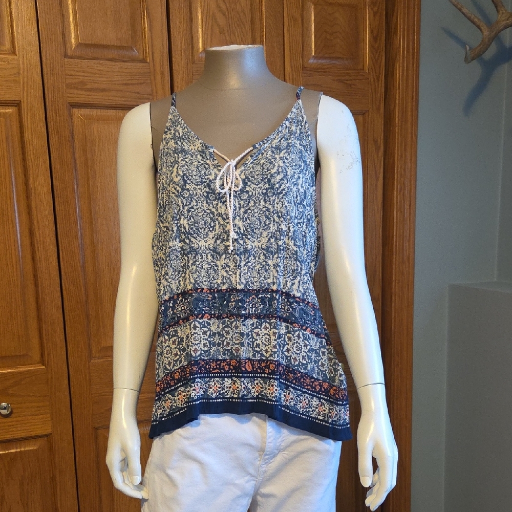 Blue Printed Spaghetti-Strap Cami with Tie Detail